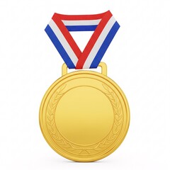 A shiny gold medal with a raised laurel wreath, suspended from a ribbon with colored stripes,