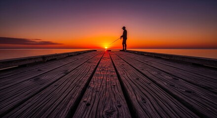 A lone person stands silhouetted on a wooden pier, fishing into a calm lake or ocean during a colorful sunset