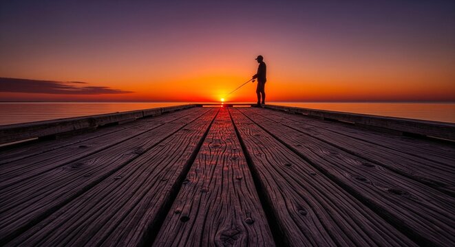 A lone person stands silhouetted on a wooden pier, fishing into a calm lake or ocean during a colorful sunset