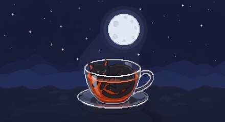 Pixel Art Night Scene with Tea Cup and Full Moon in Dark Sky