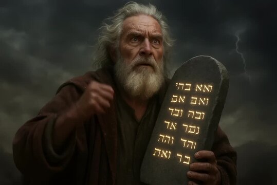 Moses holding The Ten Commandments:Divine Laws Delivered to Moses on Mount Sinai