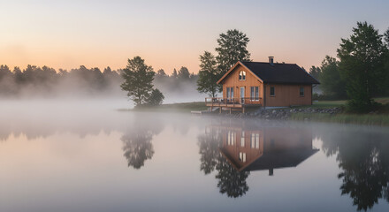Fototapeta premium Lake house morning fog serene landscape cabin reflection nature scene peaceful lakeside getaway tranquil view