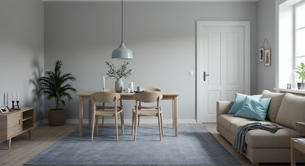 Fototapeta premium Serene Scandinavian Living Room: Light Wood Dining Set, Neutral Sofa, and Blue Accents.