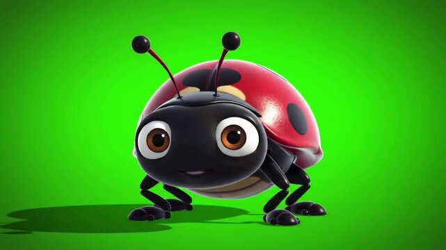 Colorful cartoon ladybug character with expressive eyes on a vibrant green background