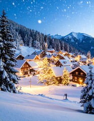 Fototapeta premium Snowy village at night (1)