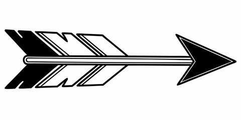 A black and white illustration of an arrow with a feathered end and a pointed head design element