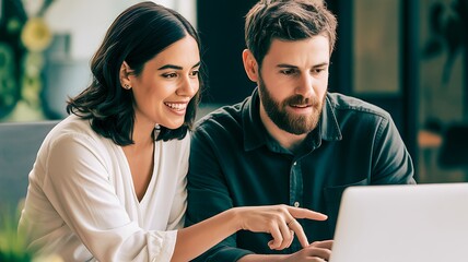 Happy couple collaborating and looking at a laptop together