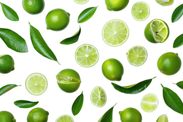 Fresh limes and leaves arranged beautifully on a white background showcasing vibrant colors and textures
