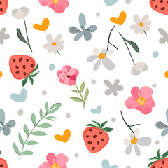 Cute vector pattern with strawberries, leaves, hearts and blossoms – hand-drawn style