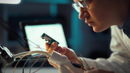 A focused engineer examines a circuit board surrounded by wires and cables in a dimly lit technology lab. This late-night session highlights the intricate details of electronics and innovation - Powered by Adobe
