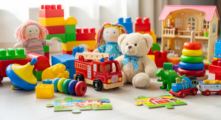 Obraz premium Vibrant assortment of classic children's toys including a teddy bear, dolls, and blocks for imaginative playtime.