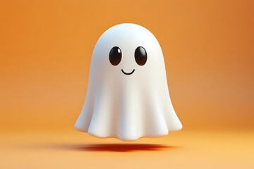 Halloween cartoon ghost illustration in minimal 3d floating style on orange backdrop, smiling spooky character with cute expression, ghost costume design for halloween holiday and kids events
