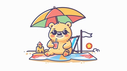 Bear Character Enjoying Summer Vacation on the Beach with Drink and Sandcastle