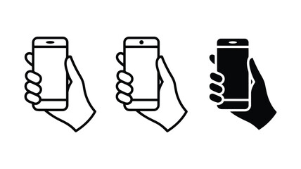 Three variations of a hand holding a smartphone; line art, filled line art, and solid black; modern, minimalist style; conveying technology, communication, and mobile usage.