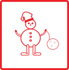 This red outline festive icon showcases a snowman with a Santa hat carrying presents, set within a red border on a white background. Crafted in a sleek outline style, this scalable EPS vector suit.