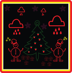 Red outline Christmas icons with snowmen, Santa hats, a tree, gifts, and rain clouds on a dark background with yellow borders. Scalable EPS  vectors for UI UX, apps, websites, and presentations.