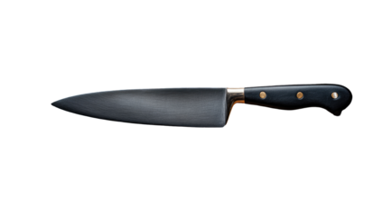Close-up of a dark-colored chef's knife.  The blade is a sleek, dark gray, and the handle is a dark brown or black wood/composite.  Knife is presented against a pure black background