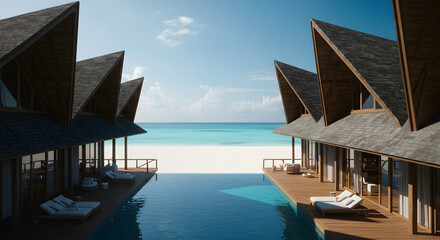 Fototapeta premium Luxury oceanfront villa resort with infinity pool and beach view for tropical vacation getaway travel destination