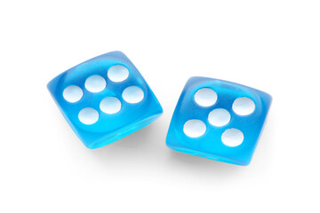 Blue game dices on white background