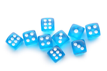 Blue game dices on white background