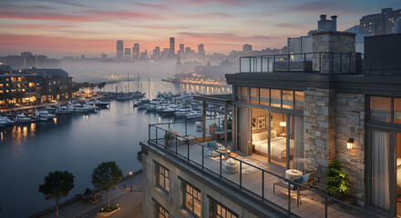 Luxury waterfront penthouse apartment with city skyline view overlooking marina at dusk twilight hour
