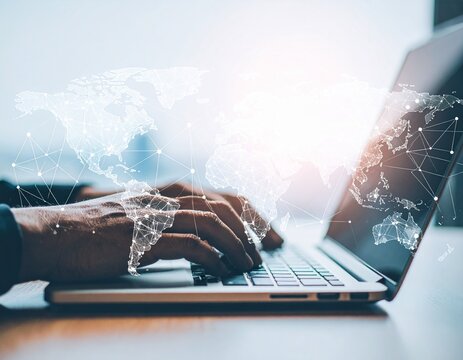 Hands typing on laptop with world map overlay, representing global communication and connectivity - Powered by Adobe