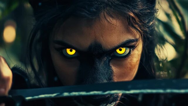 Wolf Woman Warrior: Glowing Eyes, Dark Forest, Intense Gaze