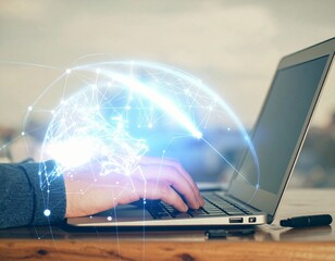 Close up of hands typing on laptop with globe overlay, symbolizing global network and communication