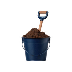 A blue bucket filled with rich soil and a shovel, ideal for gardening and planting. Captured against a white isolated background, enhancing its utility for various projects.
