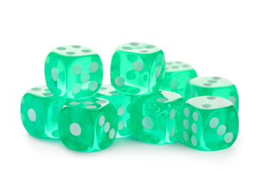 Green game dices on white background