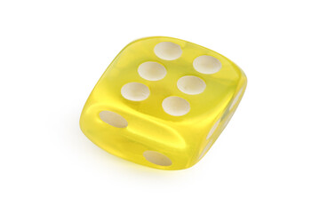 Yellow game dice on white background
