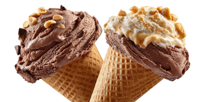 Two ice cream cones, one chocolate and one chocolate-peanut butter