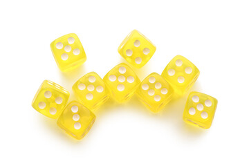 Yellow game dices on white background