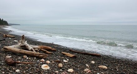 Fototapeta premium Pebble beach with ocean waves, scattered driftwood, and shells under an overcast sky. Serene coastal landscape.