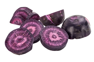 Colorful purple sweet potato slices and shapes displayed in a creative arrangement on a white background