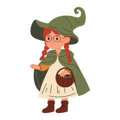 Cute cartoon illustration of young witch with glasses, pigtails, green hat and cape holding basket of herbs, ideal for Halloween designs, kids' books, and festive decor
