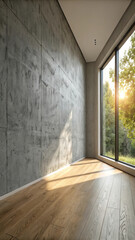 Fototapeta premium Modern room with concrete wall and large window overlooking a sunny forest