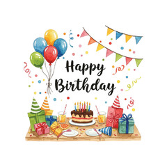 Happy Birthday Greeting card illustration frame with cake, gifts, balloons, flowers, flags on white