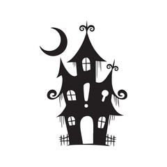 Spooky haunted house silhouette with crescent moon. Halloween vector icon of a scary, old mansion isolated on white.
