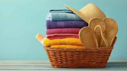 Wicker basket filled with beach towels, straw hat, sunscreen and flip flops lifestyle vibe