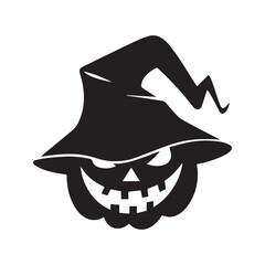 Scary Halloween pumpkin silhouette with witch hat. Evil Jack-o'-lantern face, black vector icon isolated on white background.
