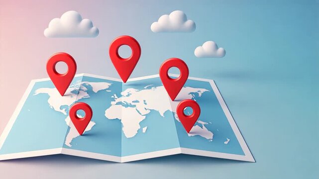 A 3d world map with red pins across continents and soft pastel gradient and fluffy clouds, multi destination trip, trip coordination, multi trip