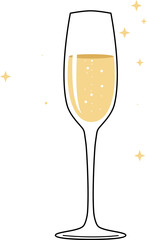 Champagne flute with bubbly golden drink. Celebration and toast concept for New Year's Eve, Christmas, wedding, anniversary, or party.