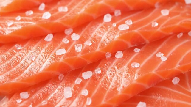 Sliced raw salmon fillets sprinkled with salt crystals are presented in a closeup shot