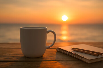 Coffee mug and notebook with pencils on wooden table at sunrise over the ocean drink beverage