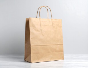 Beige paper shopping bag on light surface