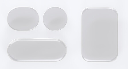 Glass transparent buttons for ui game, gui elements isolated on white background. Render 3d set of rectangle, square and circle frames, web or mobile app design, blank screens. 3D illustration