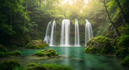 Waterfall nature landscape forest water stream green trees moss rocks scenic beauty natural idyllic cascade falls
