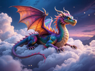 Majestic colorful dragon with iridescent scales and glowing wings resting on fluffy clouds at sunset, surrounded by dreamy sky tones in a magical fantasy world above the mountains