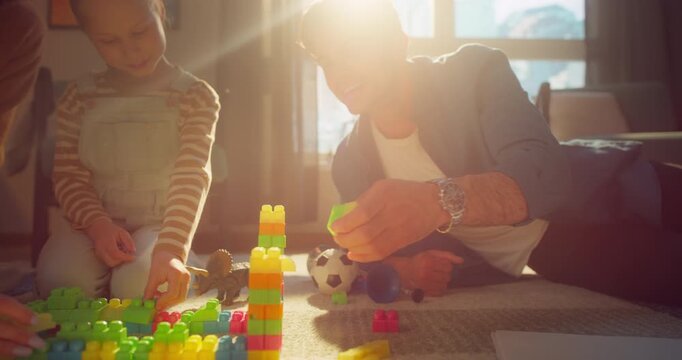 Happy Caucasian Couple Interacting with Their Small Daughter, Arranging Toy Figures and Colorful Stacking Blocks Together. Bright, Warm Family Moment with Parents Playing with Their Little Girl